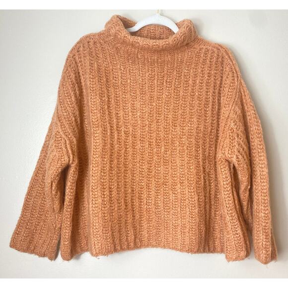 FREE PEOPLE CHUNKY ALPACA WOOL BLEND TURTLENECK SWEATER PAPAYA ORANGE KNIT COZY - Picture 2 of 12